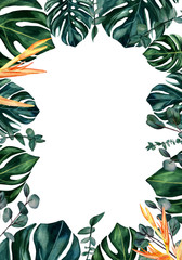 Fototapeta na wymiar Watercolor hand painted floral frame with green monstera leaves, eucalyptus branches and orange heliconia flowers. Tropical template for trendy design of wedding invitations, or other print products.