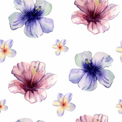 Watercolor hand painted seamless pattern with hibiscus and plumeria flowers on white background. Bright tropical pattern is perfect for trendy textile design.