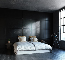 Black bedroom in loft, industrial style, 3d render