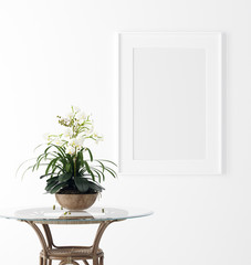 Mock up poster frame in interior background with flower on table, 3d render