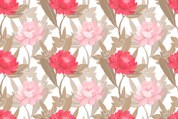 Art floral vector seamless pattern with peonies. Light pink and bright pink garden flowers with light brown leaves isolated on white background. Endless pattern for wallpaper, fabric, home textiles.