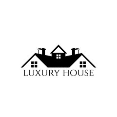 twin roof top with chimney house home real estate property sale market vector logo design