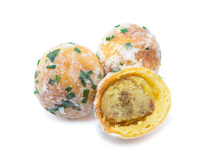 Khanom Khai Hong  isolated on white background with Clipping path, Thai snack - Fried Mung Bean Stuffed Balls, Flour coated in sugar filling with bean paste, Thai traditional sweet dessert
