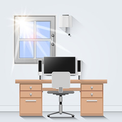 Working room with desk And windows open with sunlight, vector illustration