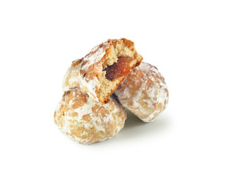 Honey cookies in sugar glaze with fruit jam filling whole and broken isolated on white background  