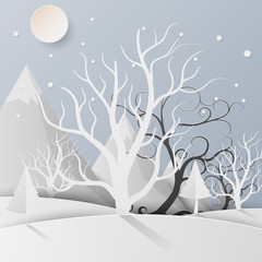 Winter trees with mountains, sun and snow. paper art style. vector illustration