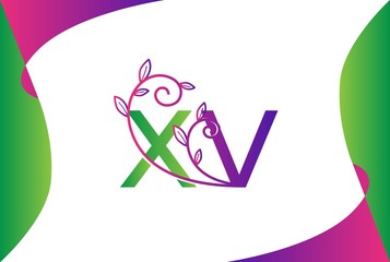 Green purple gradient wedding floral initial XV icon design. Vector logo template