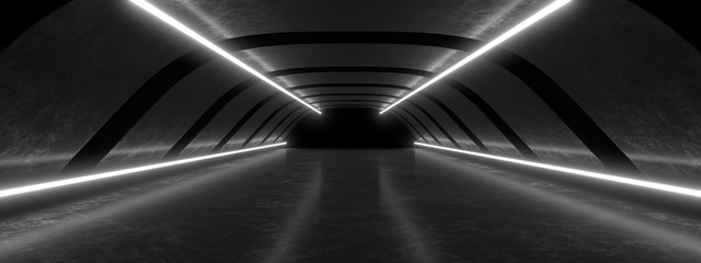 White neon lamps in a dark tunnel. 3d rendering image.