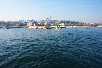 Fototapeta na wymiar The beautiful and peaceful view of river bank inside Istanbul during sunny autumn morning.