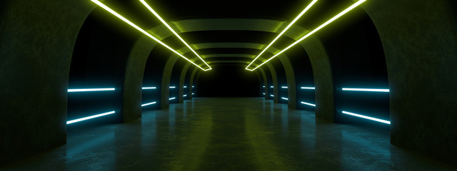 Colored neon lamps in a dark tunnel. 3d rendering image.