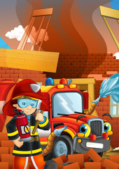 cartoon stage with fireman near building and brave firetruck is helping colorful illustration for children