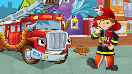 Obraz na płótnie Canvas cartoon stage with fireman near building and brave firetruck is helping colorful illustration for children