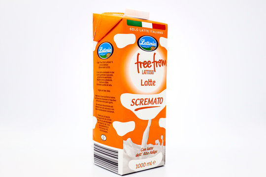 Italy – December 19, 2019: Latteria Pasteurized Low Fat Lactose Free MILK. Italian Milk produced for Lidl Supermarket chain. Tetra Pak packaging