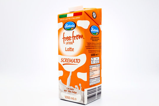 Italy – December 19, 2019: Latteria Pasteurized Low Fat Lactose Free MILK. Italian Milk produced for Lidl Supermarket chain. Tetra Pak packaging