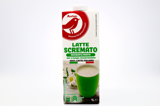 Italy – December 19, 2019: Auchan Pasteurized Low Fat MILK. Italian Milk product for Auchan Supermarket chain by Sterilgarda. Tetra Pak packaging