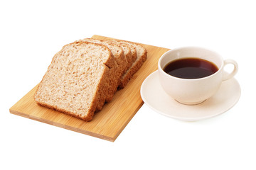 Fototapeta na wymiar Whole grain bread serve with a cup of coffee isolated on white background..