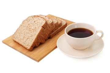 Whole grain bread serve with a cup of coffee isolated on white background..