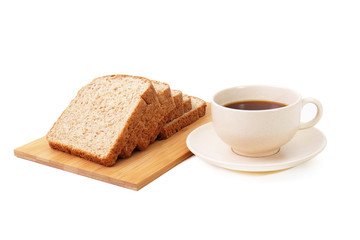 Whole grain bread serve with a cup of coffee isolated on white background..