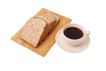 Whole grain bread serve with a cup of coffee isolated on white background..