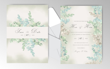 Fototapeta na wymiar Elegant Watercolor Wedding Invitation Cards with Beautiful Eucalyptus