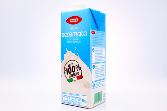 Italy – December 19, 2019: Coop Pasteurized Low Fat MILK. Italian Milk product for Coop Supermarket chain by Sterilgarda. Tetra Pak packaging