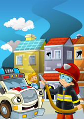 cartoon stage with fireman fire fighting near some building smoking - illustration for children