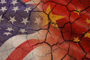 USA and China trade war economy recession conflict tax business finance money - Relations America and chinese flags cracked wall background