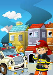 Naklejka premium cartoon stage with fireman fire fighting near some building smoking - illustration for children