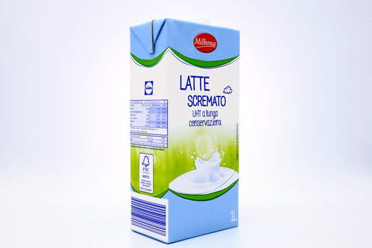 Italy – December 19, 2019:  Milbona Pasteurized Low Fat MILK product for Lidl Supermarket chain by C.SAS France. Tetra Pak packaging