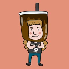 Man with big ice chocolate cup on head cartoon vector illustration