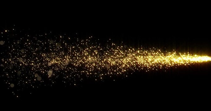 Golden glitter light tail, sparkling shining comet trace with glare effect. Gold glittering magic shimmer, glowing golden light sparks and particles flare on black background