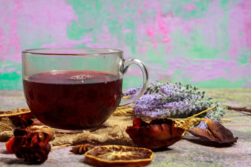 Red Hot Hibiscus tea in a glass mug
