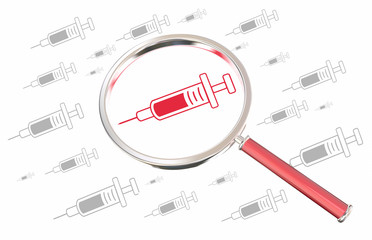 Syringe Needle Medicine Shot Injection Medication Vaccine Magnifying Glass Search 3d Illustration