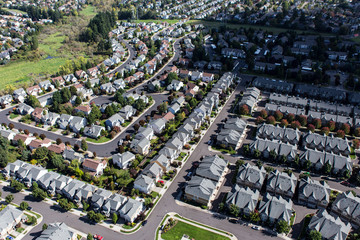 Aerial view of the suburban streets and homes near Portland, Oregon, USA.