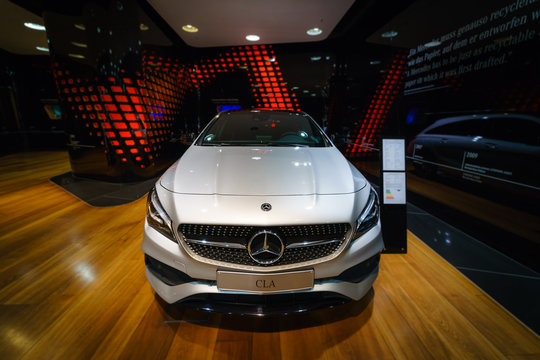 BERLIN - DECEMBER 21, 2017: Showroom. Subcompact executive car Mercedes-Benz CLA-Class CLA 220d Peak Edition. Since 2014.