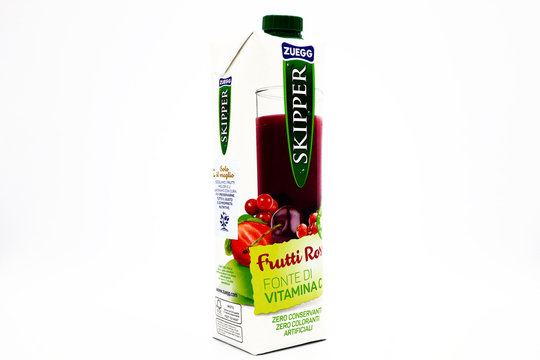 Italy – December 19, 2019: SKIPPER ZUEGG Red Fruits Juice. Tetra Pak packaging
