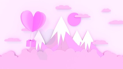 3d rendering, 3d illustrator, Sending gifts by heart. Christmas and New Year's festival, mountain and nature views