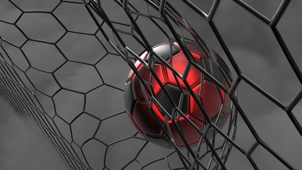 Rot-schwarzer Fußball im Tornetz unter schwarz-weißer Beleuchtung mit dunkelblau getöntem nebligen Rauchhintergrund. 3D-Darstellung. 3D-CG. Hohe Auflösung. © DRN Studio