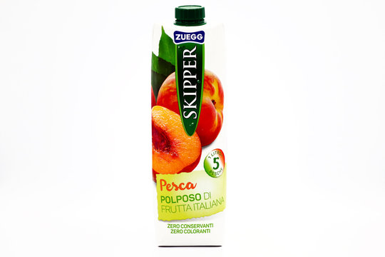 Italy – December 19, 2019: SKIPPER ZUEGG Peach Juice. Tetra Pak packaging