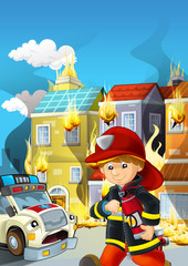 Naklejka premium cartoon scene with fireman working near some ambulance and building is burning illustration for children