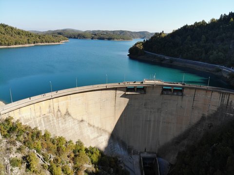 Aerial drone image of Plastiras lake and damof Marathon or Marathonas in Trikala, North Attica, Greece.