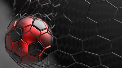 Red-Black Soccer Ball in the Goal Net under black-white lighting with dark blue toned foggy smoke background. 3D illustration. 3D CG. High resolution.