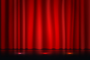 Red curtain scenes and colorful background lights on stage, vector illustration