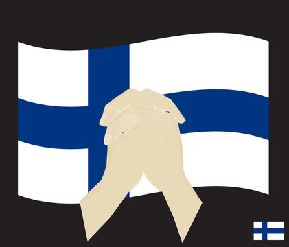 Praying hands with the Republic of Finland National Flag , Pray for finland concept, Save Finland, cartoon graphic, sign symbol background, vector illustration.