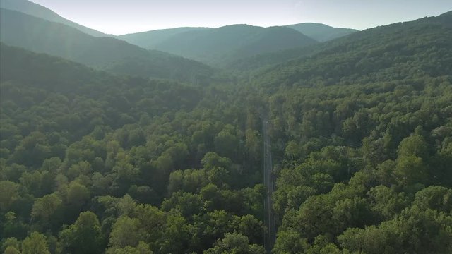 Aerial: flying above a  forest on the outskirts of the Shenandoah National Park. Virginia, USA