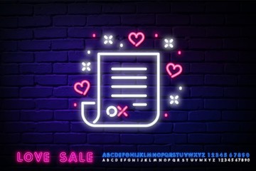 Neon Message heart shaped. Communication, conversation, message. Neon sheet of paper, list icon. Night bright neon sign, colorful billboard, light banner. Vector illustration in neon style.