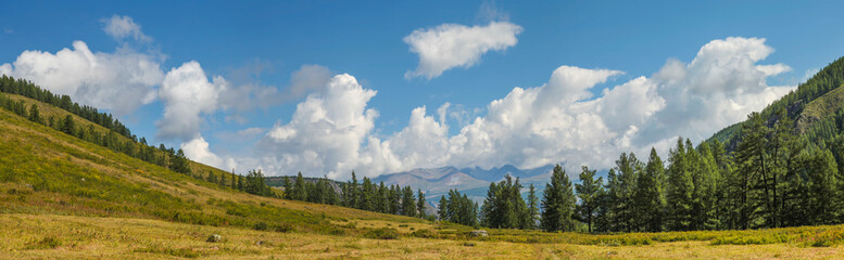 Picturesque mountain landscape. Panoramic view. Blue sky with white clouds.