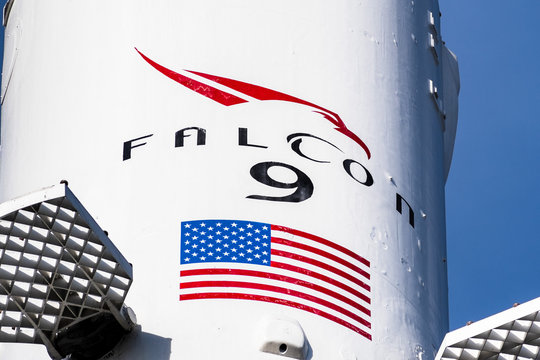 Dec 8, 2019 Hawthorne / Los Angeles / CA / USA - Falcon 9 rocket logo at SpaceX (Space Exploration Technologies Corp.) headquarters; SpaceX is a private American aerospace manufacturer