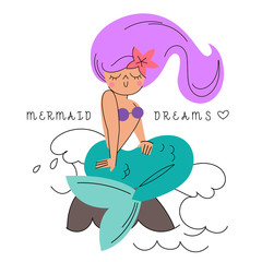 Beautiful little mermaid dreaming and sitting on a stone. Siren, sea theme. White background with sea waves. Cartoon vector illustration. 