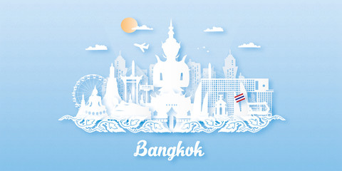 Travel Thailand postcard, poster, tour advertising of world famous landmarks in paper cut style. Vectors illustrations